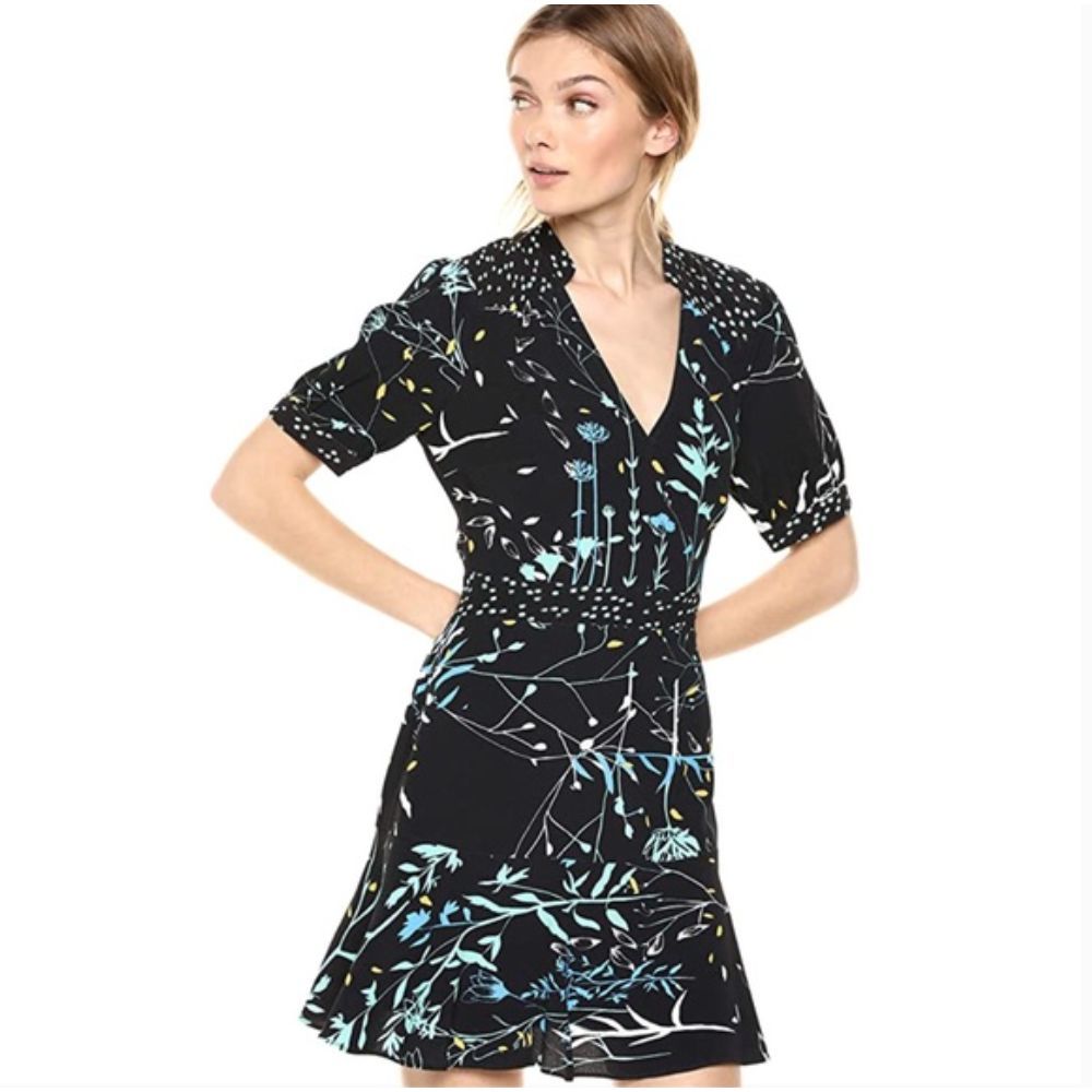 Floral V-Neck Short Sleeve Black Dress with Blue Print